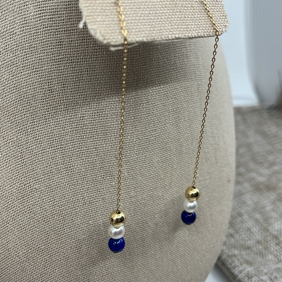 14K Gold Mexico Stamped Threader Earrings with Lapis Lazuli and Pearl Beads - Picture 2 of 11